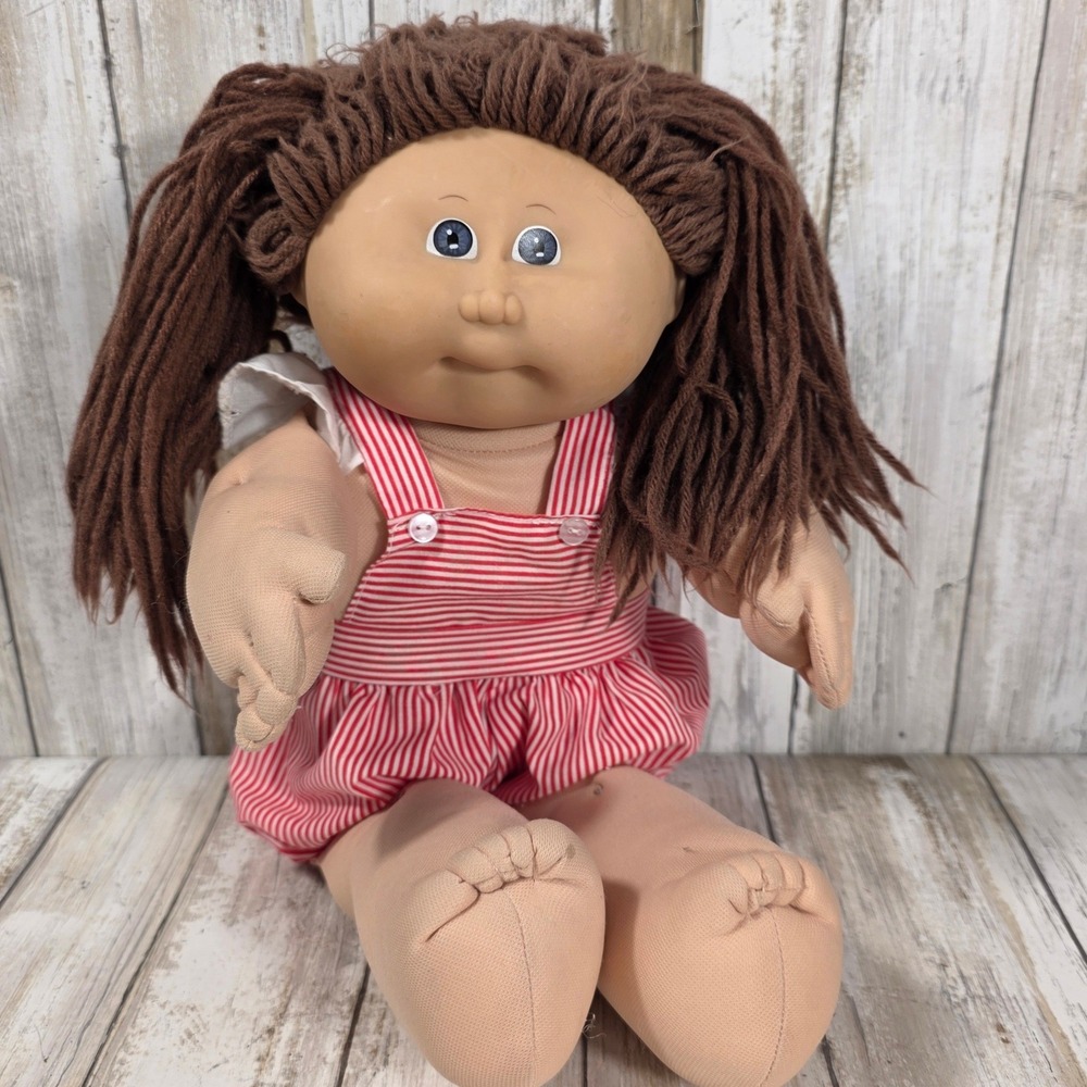 Vintage Cabbage Patch Kids Doll Brown Yarn Hair Blue Eyes Red Striped Jumper